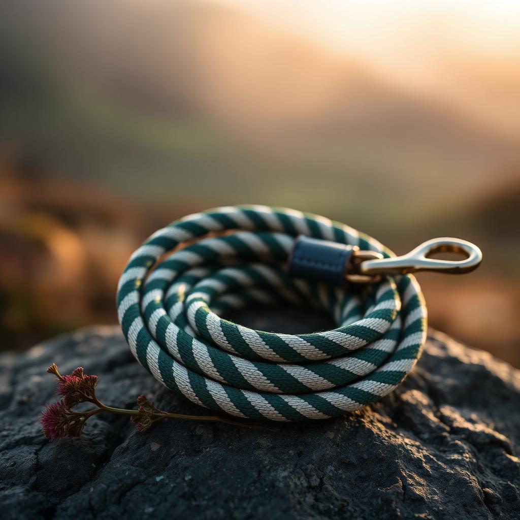 Moorland braided rope lead coiled on dark stone